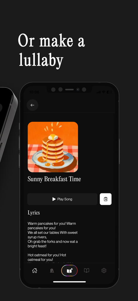 Interface do aplicativo Sleepytale mostrando letras de canções de ninar personalizadas para Hora do Café da Manhã Ensolarado com um botão de play.