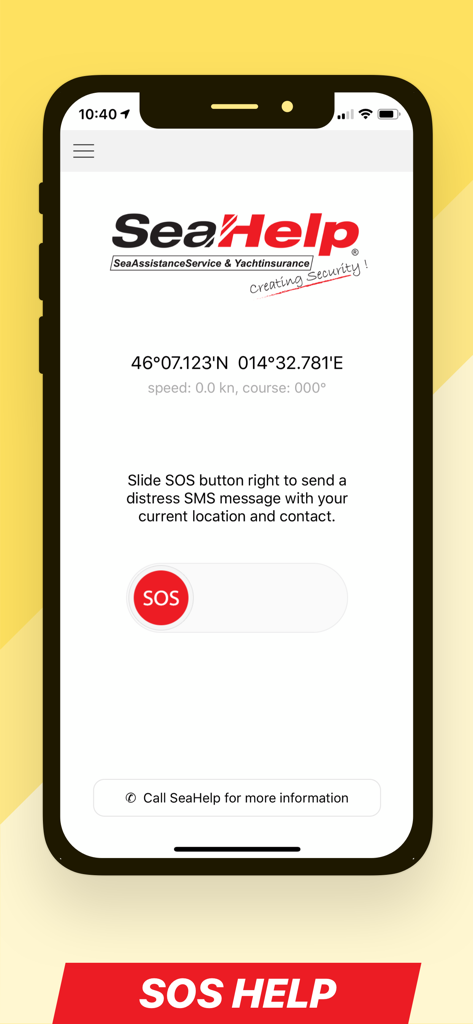 SeaHelp - SeaHelp mobile app screen showing current GPS coordinates and a slide-to-send SOS emergency button for maritime assistance