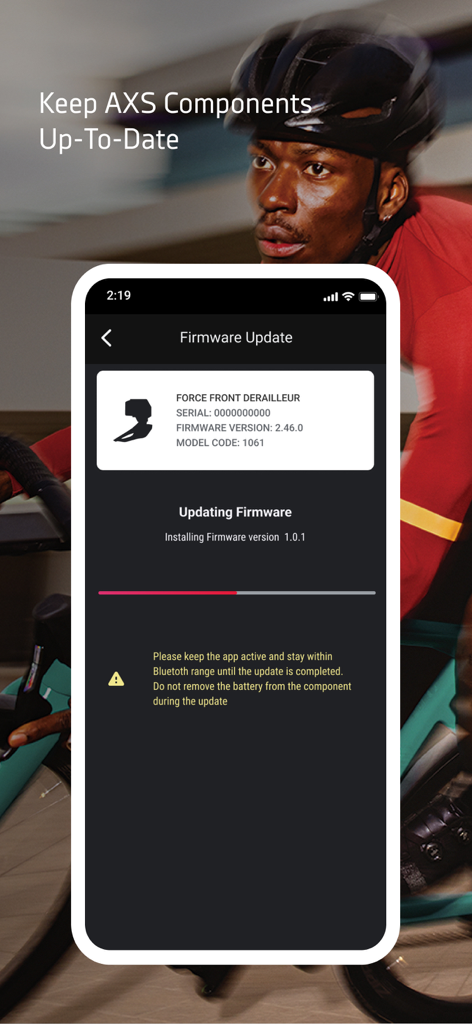 Smartphone interface of the SRAM AXS app showing a firmware update progress bar for a bike derailleur.