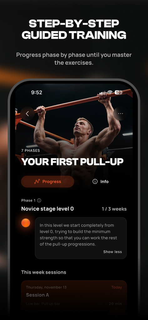 Interface of Calisteniapp showing a step-by-step guided training program for mastering pull-ups