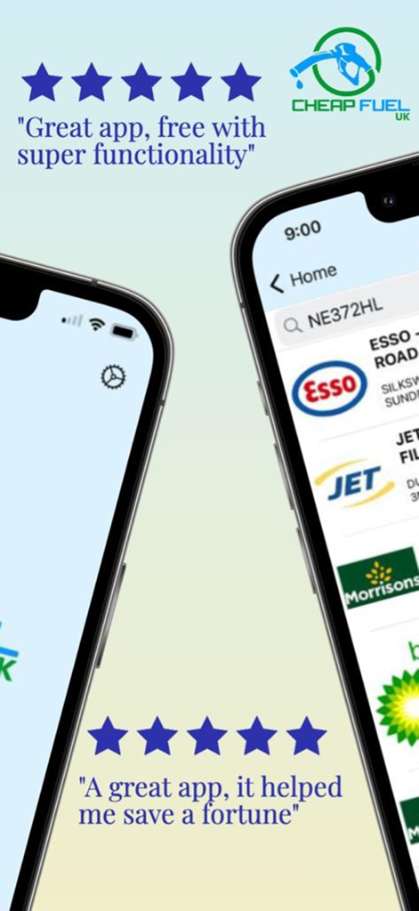 Cheap Fuel UK - Cheap Fuel UK mobile app interface showing five star user reviews and a list of local gas station fuel prices by postcode