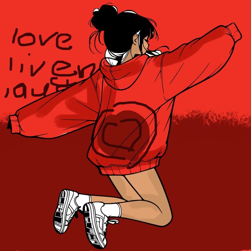 realistic girl jumping with a bun and oversized sweatshirt