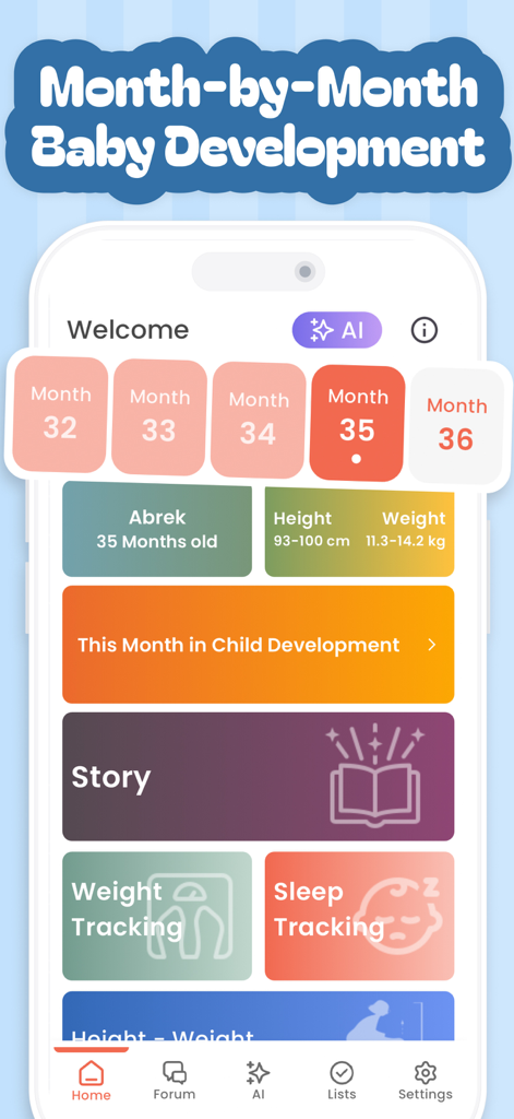 Pregnancy, Baby Tracker －Yuppy - Interfaccia dell'app Yuppy che mostra il monitoraggio dello sviluppo del bebè mese per mese con monitoraggio di altezza, peso e sonno