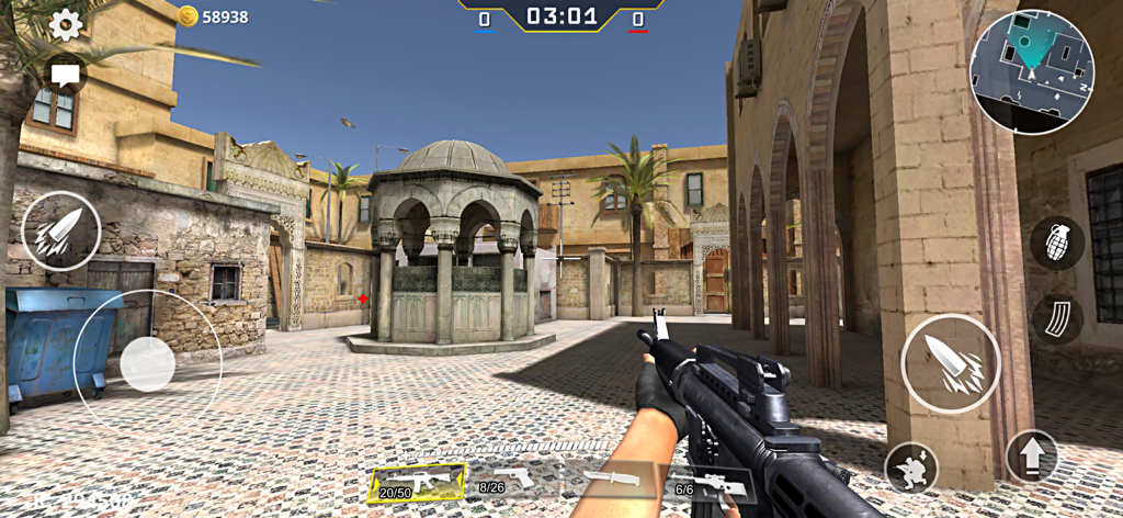 GO Strike first person shooter gameplay on a desert map with an assault rifle view
