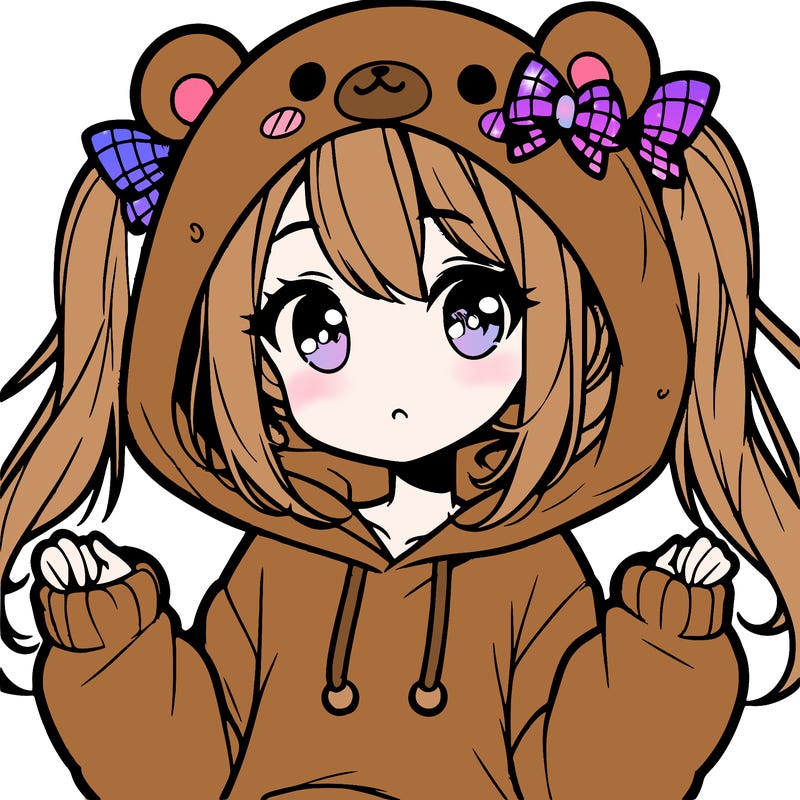 cute anime girl with ponytails and a cute bear hoodie