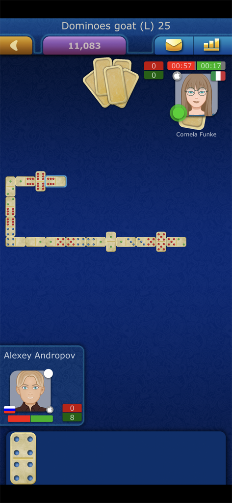 Online Dominoes LiveGames - Gameplay screen of Online Dominoes LiveGames showing a match between two real players on a mobile device