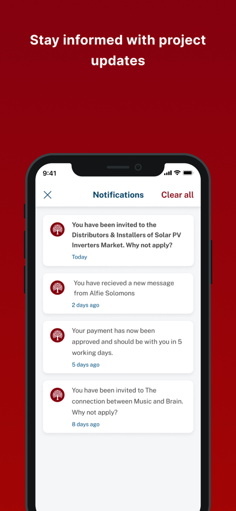 Tela de notificações do aplicativo móvel Atheneum Hub exibindo convites de projetos e alertas de mensagens.