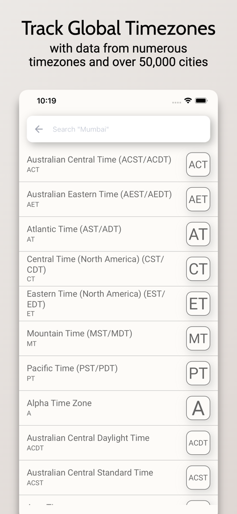 Interfaz de la aplicación Time Travel que muestra una lista de zonas horarias globales con una barra de búsqueda para 50000 ciudades