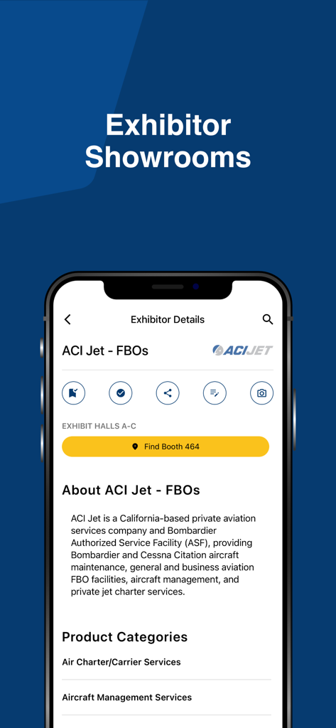 ACI Jet FBOの情報とブースの場所を示すNBAA SDC2026アプリの出展者詳細画面