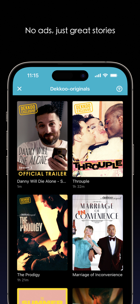iPhone che mostra la categoria originali dell'app Dekkoo con una selezione di film e serie gay.