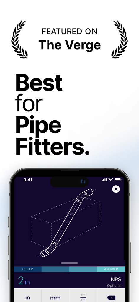 Interface of the Pipe Fitting calculator app showing a 3D rolling offset diagram on an iPhone.