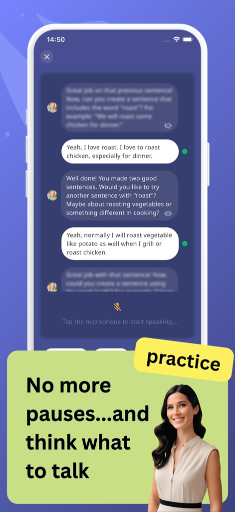 Interface de l'application mobile Hala montrant une conversation IA interactive pour la pratique de l'expression orale en anglais et le développement du vocabulaire.