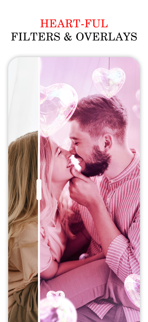 Love Cards + - Comparación de la foto de una pareja con un filtro romántico rosa y superposiciones de corazón.