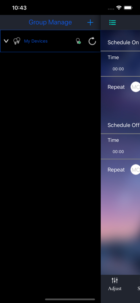 LotusLanternX mobile app interface showing group management and automated light scheduling settings