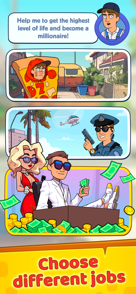 Merge Millionaire：Rich Craft - Uma progressão visual em Merge Millionaire mostrando um personagem passando de um emprego de entregador de pizza para um estilo de vida rico cercado por dinheiro.