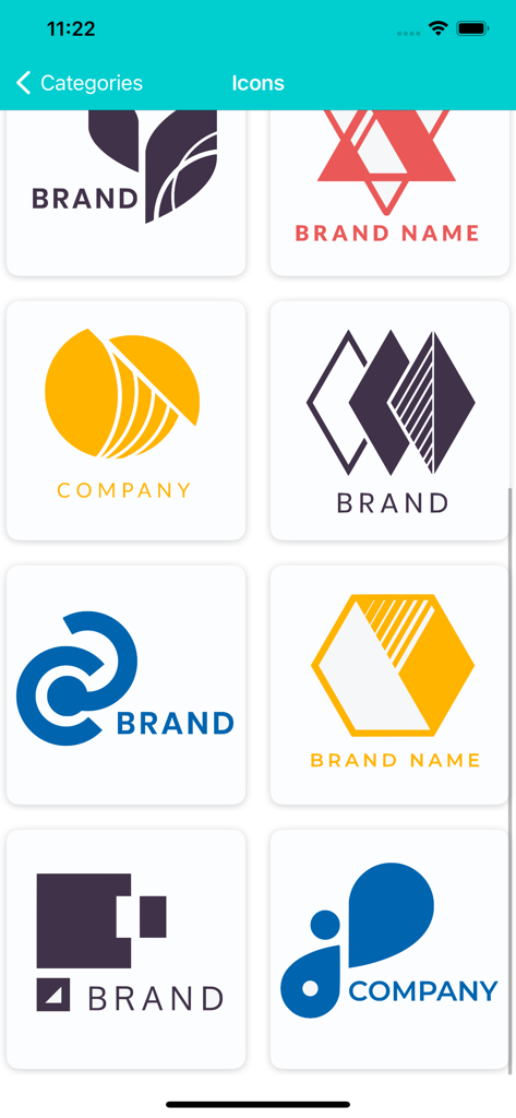 Logo Maker - Create Design - Uma coleção de templates de logos e ícones de marca profissionais exibidos em formato de grade