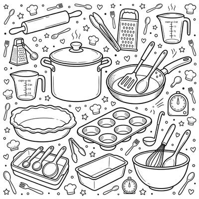 Spark culinary creativity with this charming coloring page packed with essential kitchen cookware and bakeware. Perfect for young aspiring chefs, it features a variety of familiar cooking tools awaiting a splash of color.