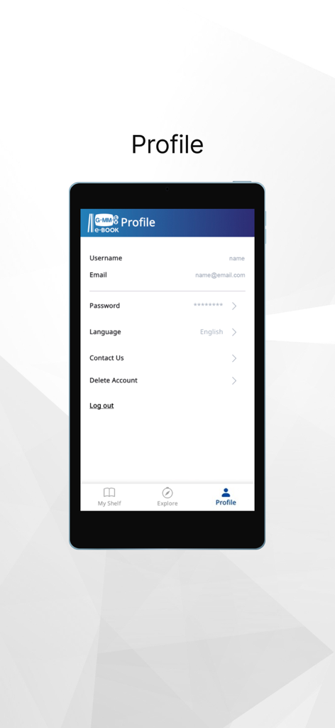 GMMTV e-BOOK app profile screen showing account settings for username email and language preferences