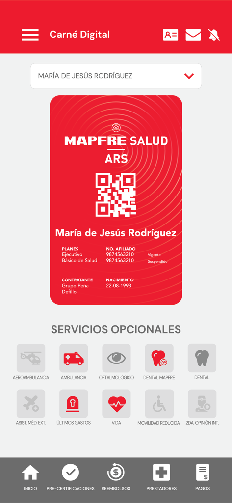 MAPFRE Salud ARS - Digital insurance ID card and optional services on the MAPFRE Salud ARS mobile app