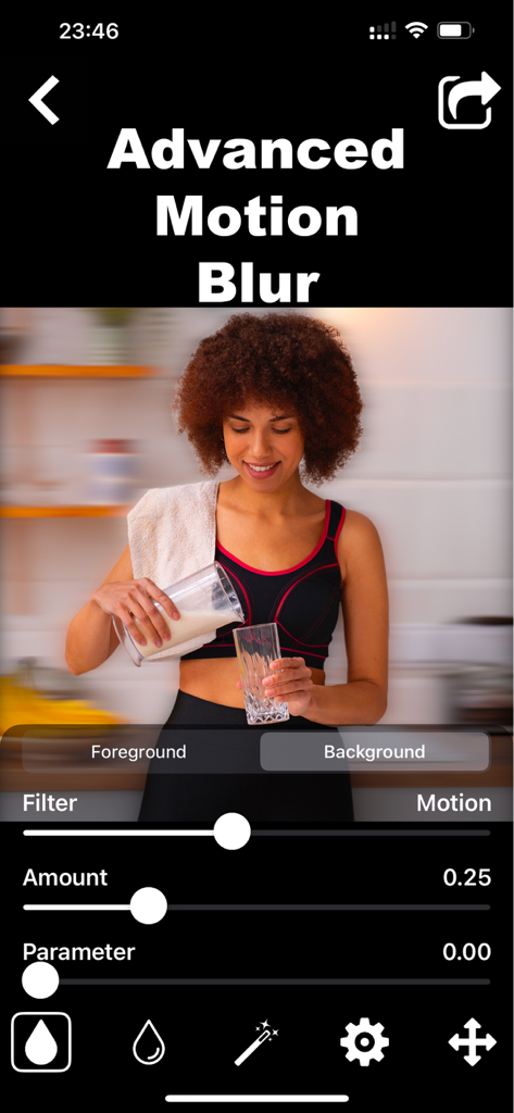 Blurr: Motion Blur Effect Pro - Ein Screenshot der Blurr-App, der den fortschrittlichen Bewegungsunschärfe-Effekt zeigt, der auf einen Hintergrund angewendet wird