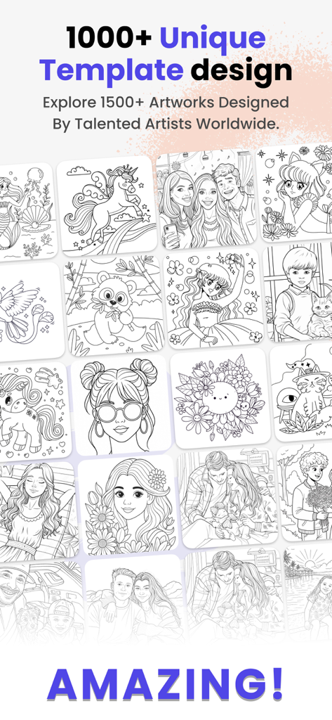 Drawee - Adult Colouring Book - A collection of diverse line art templates for adult coloring featuring portraits, animals, and nature designs.