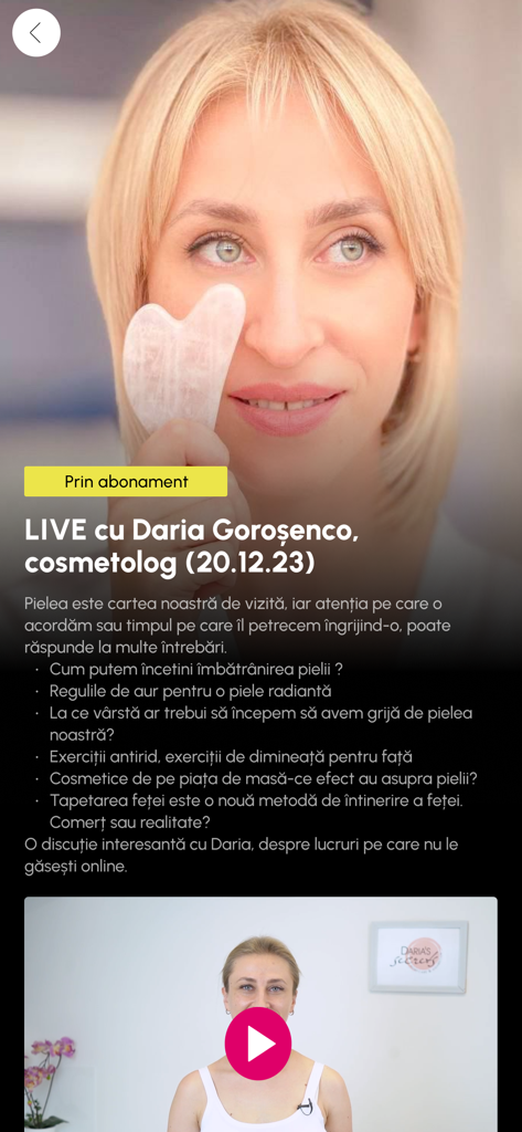 Fitness Mama - Fitness Mama app screen showing a live video session with a professional cosmetologist about skincare and anti-aging.