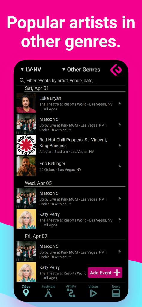 Captura de pantalla de la aplicación Edmtrain que muestra listados de conciertos para otros géneros como pop y country en Las Vegas.