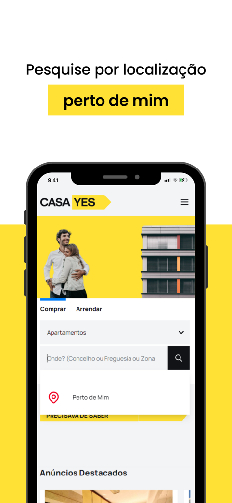 Schermata dello smartphone che mostra l'interfaccia dell'app Portal Casa Yes con una barra di ricerca e una funzionalità di ricerca nelle vicinanze per appartamenti