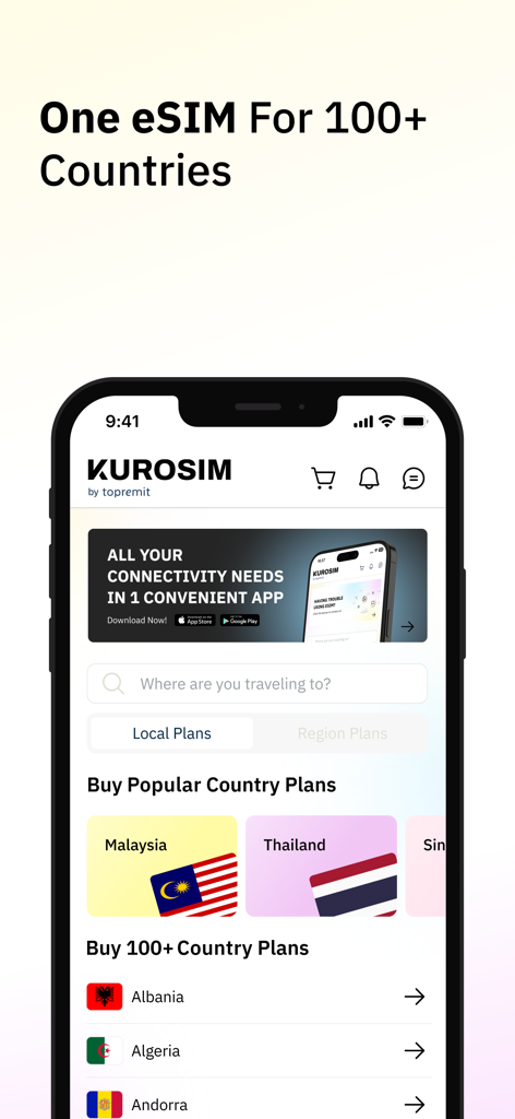 Kurosim app screen displaying international eSIM data plans for over 100 countries.