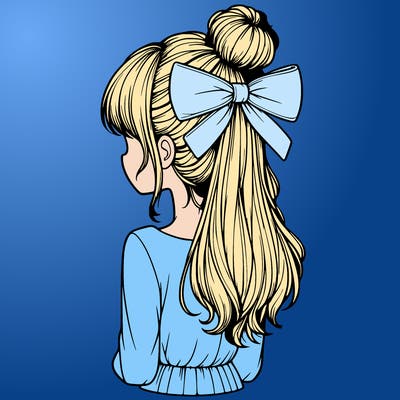 realistic girl  with hip length hair a bun and a big bow on the back of head