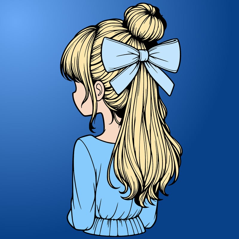 realistic girl  with hip length hair a bun and a big bow on the back of head