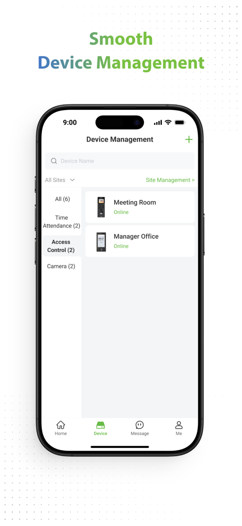 ZKBio Zlink - ZKBio Zlink app interface showing a list of online access control devices for a meeting room and manager office on an iPhone.