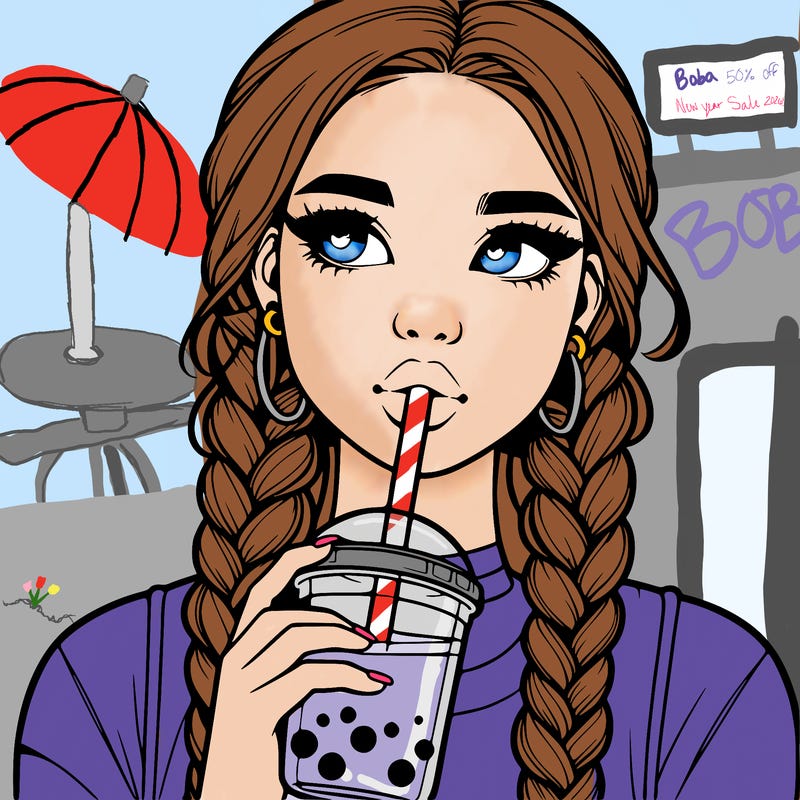 realistic girl with braided hair drinking boba
