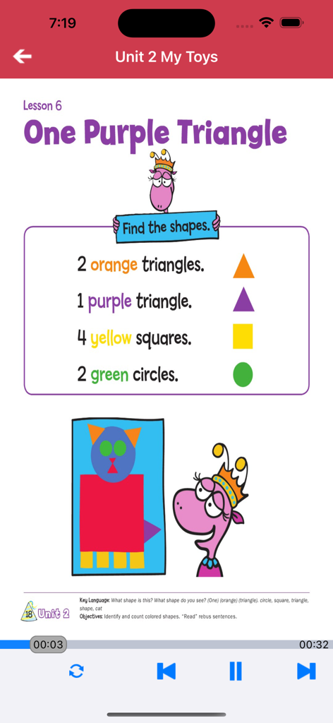 Educational English lesson teaching kids shapes and colors with a geometric cat character.