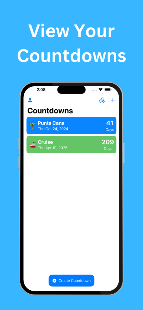 Count Me In: Shared Countdowns - Count Me In 앱 인터페이스가 휴가 및 크루즈를 위한 공유 카운트다운 목록을 보여줍니다.