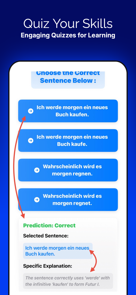 German Grammar B1 - Quiz interface of the German Grammar B1 app featuring multiple choice questions and detailed grammar explanations