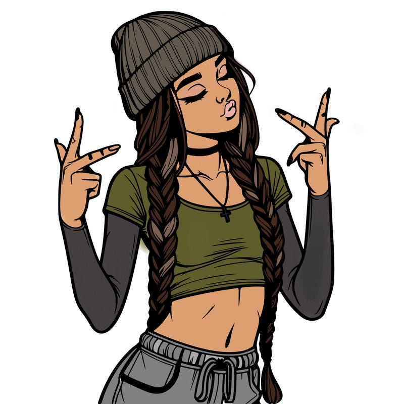 realistic teenage girl with braids and a beanie and crop top doing 🫶🏼
