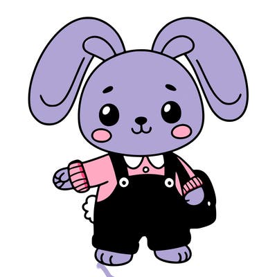 purple rabbit red overalls
