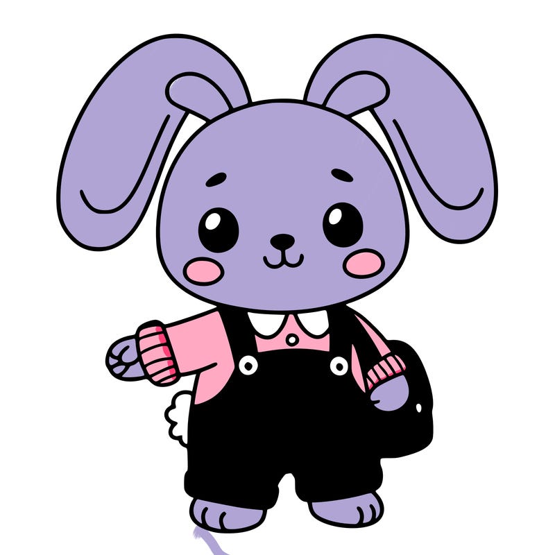 purple rabbit red overalls