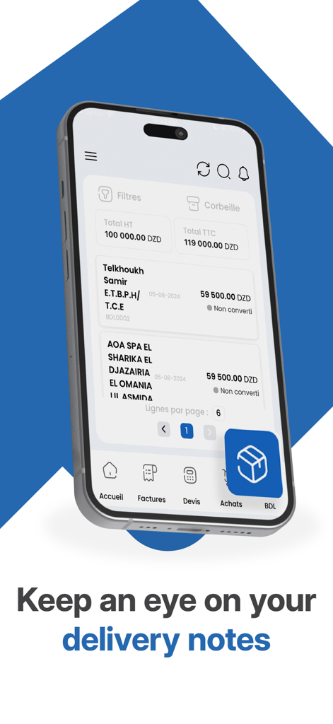 Application Fatoura Mobile affichant la gestion des bons de livraison sur un écran d'iPhone