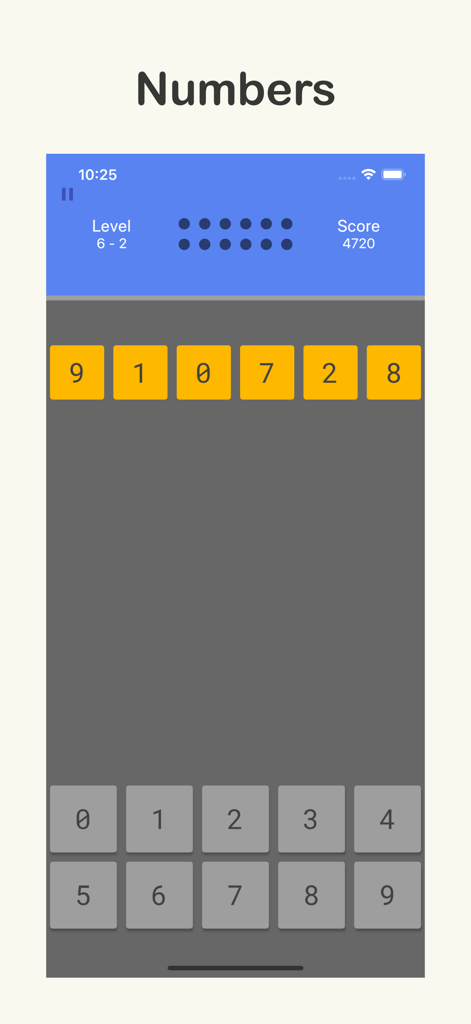 Brain Sharp: Memory & Math - Interfaz del juego de entrenamiento de memoria de números en la aplicación Brain Sharp