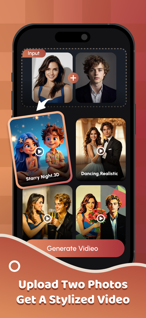 AI Vista - Mobile app interface of AI Vista showing how to transform two uploaded photos into stylized AI generated videos.