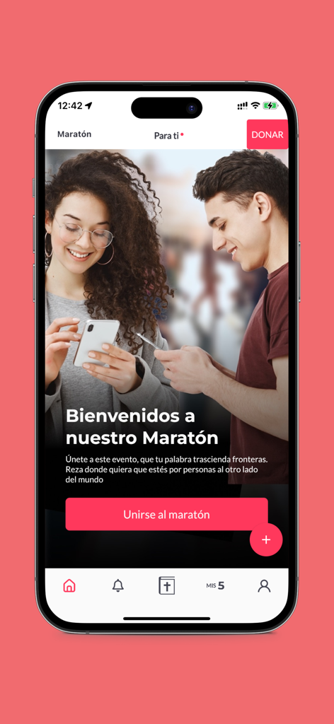 Welcome screen of the rezar.com app showing a man and woman using their phones with a button to join a prayer marathon
