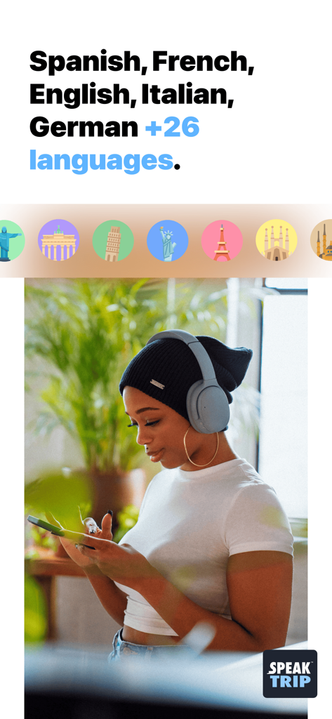 Woman with headphones using SpeakTrip language learning app for travel