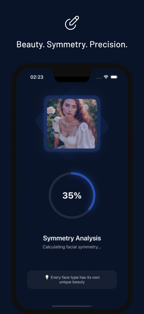 AuraFaceアプリのインターフェース、ポートレート写真にAI顔対称性分析プロセスを表示