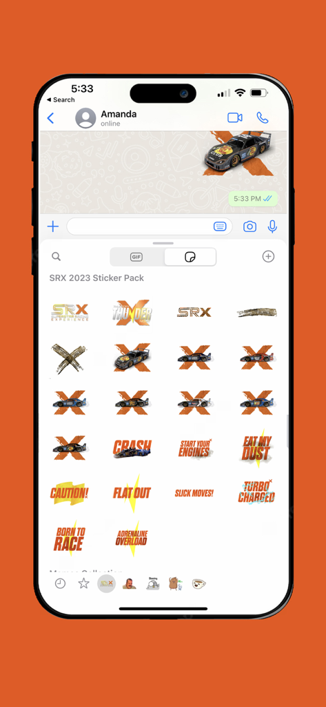 SRX 2023 sticker pack interface for WhatsApp featuring racing cars and slogans