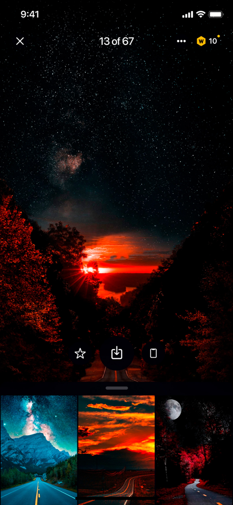 Wallcraft – Wallpapers, live - Interface do aplicativo Wallcraft exibindo papéis de parede de alta qualidade de natureza e espaço