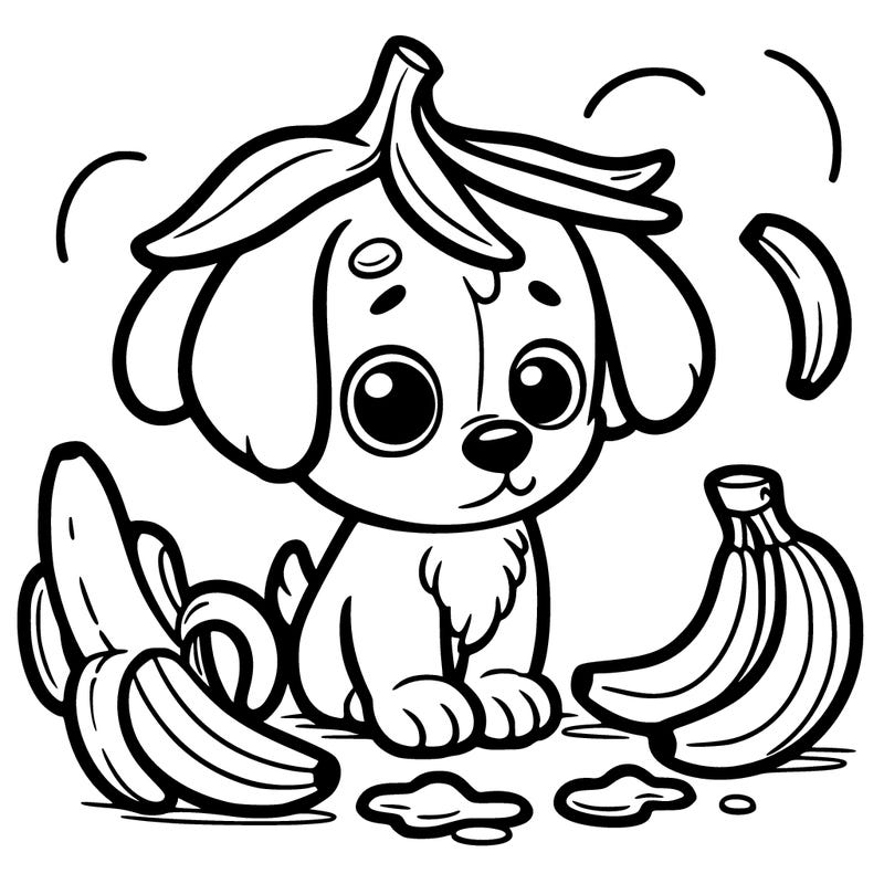 a dog with a banana peel on its head and some bananas around him