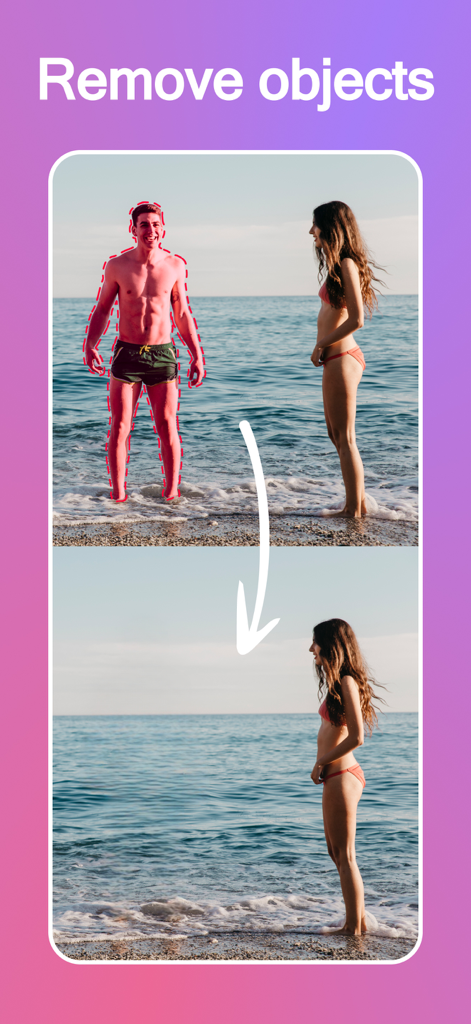 Remove Objects · Photo Eraser - AI技術を使用してビーチの写真から人物をシームレスに削除した、ビフォーアフターの比較。