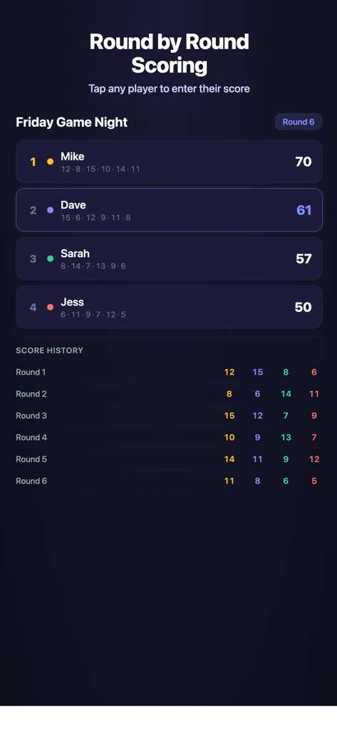 ScoreApp - ScoreApp interface showing round by round scoring and points history for four players